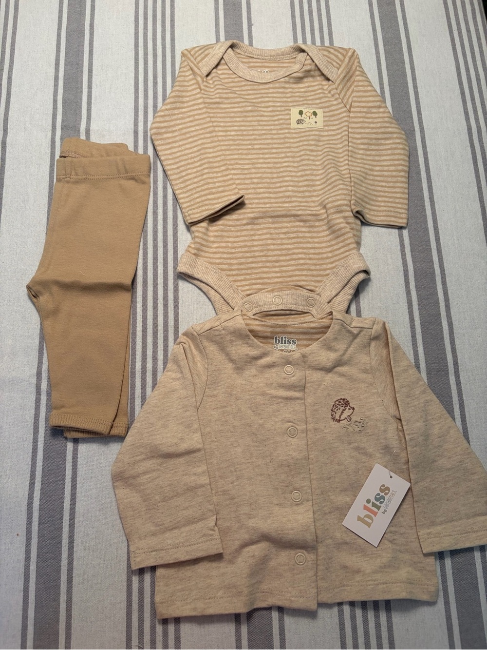 Bliss Tan Striped Bodysuit with Matching Cardigan & Pants